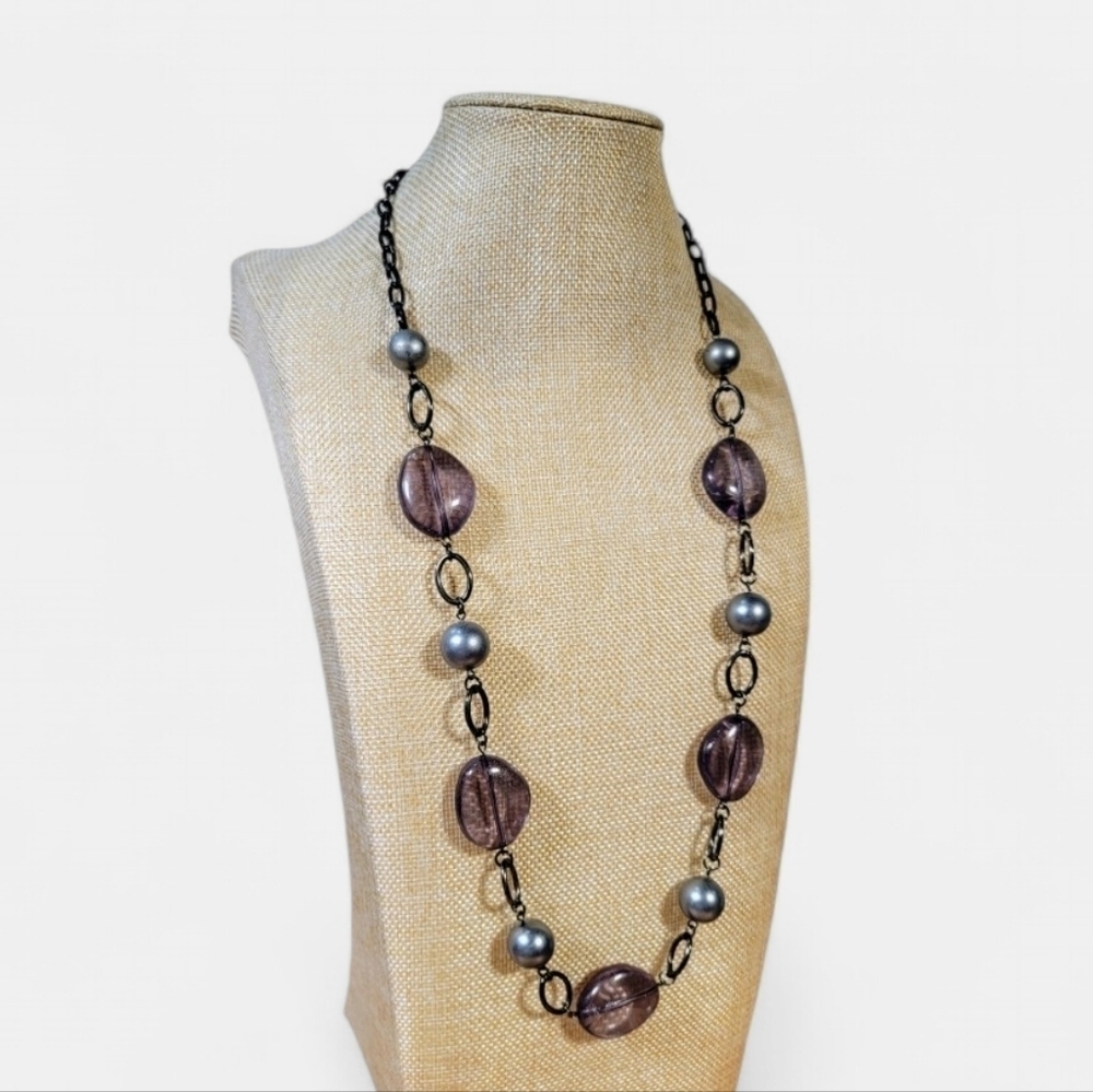 Long Gray Silver Gunmetal Lightweight Fashion Statement Necklace